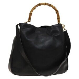 Authentic GUCCI Bamboo Shoulder Bag Leather 2way Black Gold 001 3444 1577